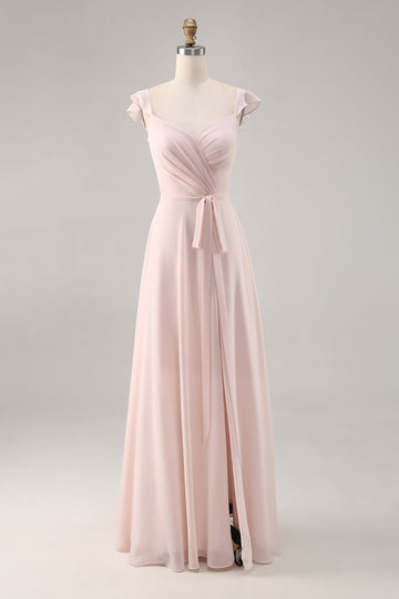Candy Pink Cap Sleeves Ruched Long Bridesmaid Dress with Slit